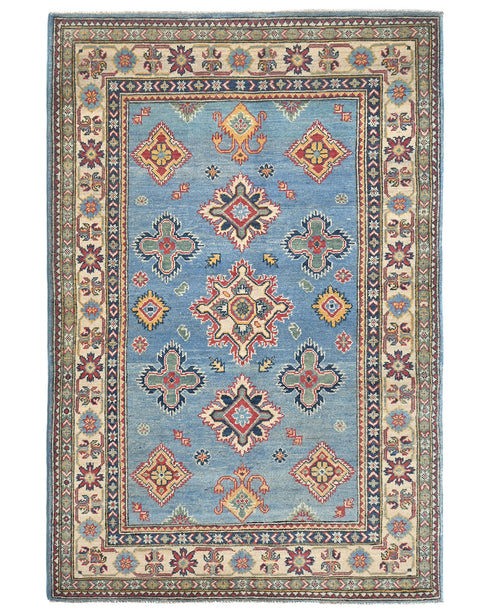 4x6 Blue Kuba Afghan Hand Knotted Wool Area Rug